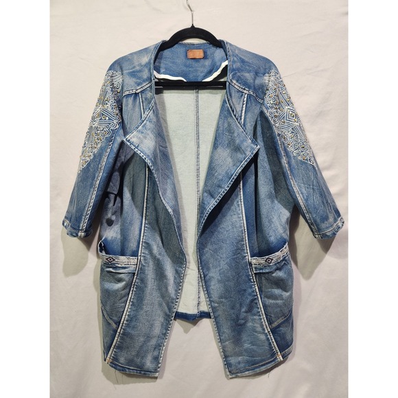 POL Jackets & Blazers - POL Anthropologie Studded Denim Cape Waterfall Trench Jacket Embroidery Sz Small